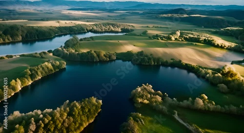 very beautiful green countryside and litte blue lakes seeen from an aerial view, slow motion photo