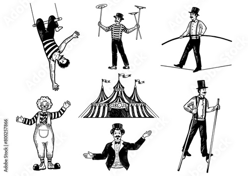 Retro circus performance set sketch PNG illustration. Old hand drawn engraving imitation. Human and animals vintage drawings photo