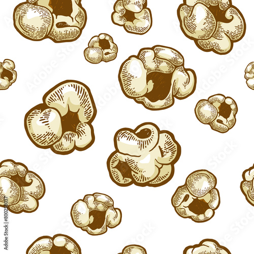 Popcorn food color sketch engraving seamless pattern PNG illustration. Scratch board style imitation. Black and white hand drawn image.