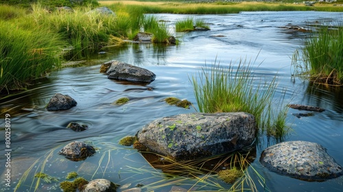 river with rocks and grass in the water generative ai