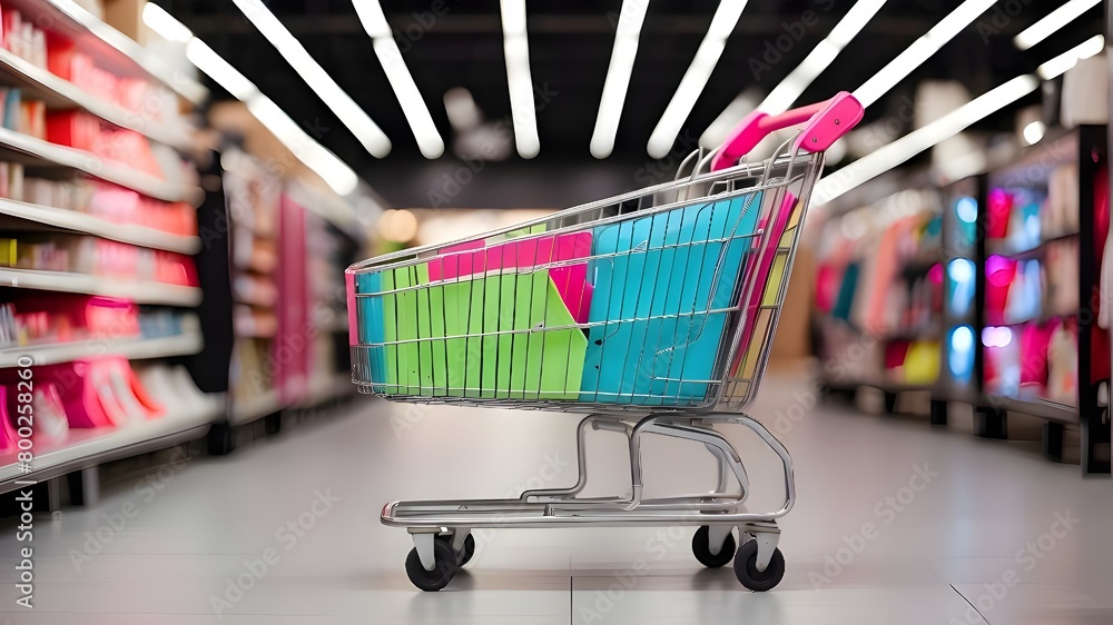 Modern retailers with copy space have shopping carts with neon colors. Modern retailers with copy space have shopping carts with neon colors.