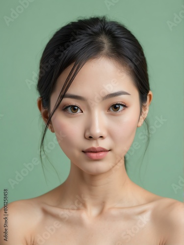 plain green background close-up portrait portrait of asian beautiful woman from Generative AI