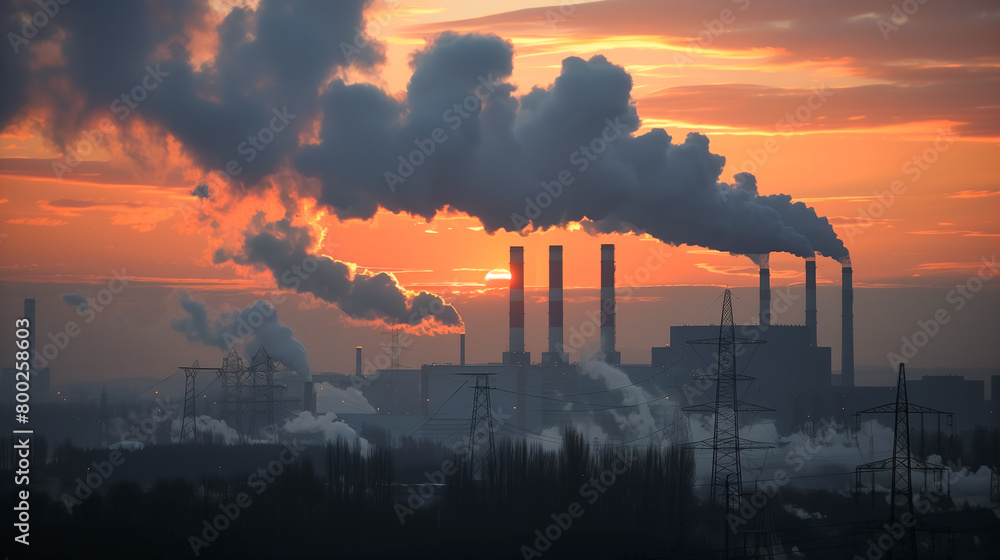 A power plant with smoke coming out from chimneys. Global warming and air pollution concept. 