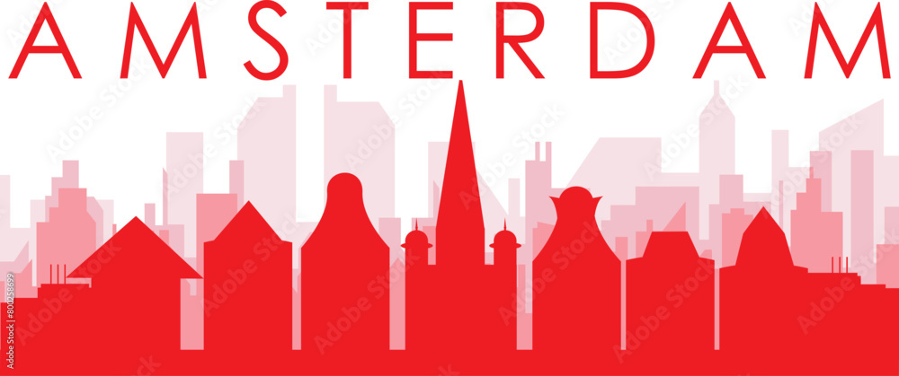 Red panoramic city skyline poster with reddish misty transparent background buildings of AMSTERDAM, NETHERLANDS Red panoramic city skyline poster with reddish misty transparent background buildings of AMSTERDAM, NETHERLANDS