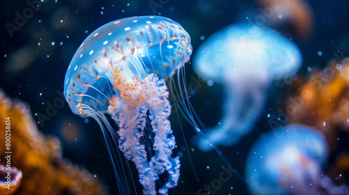 Jellyfish in ocean water. Aquatic marine life. Colorful, glowing, drifting. Tentacles. 