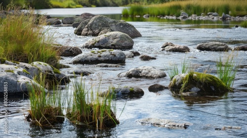 river with rocks and grass in the water generative ai