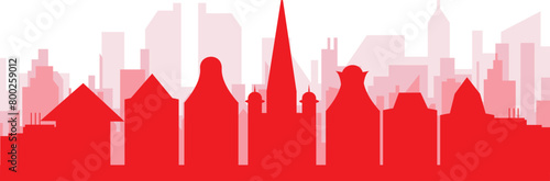 Red panoramic city skyline poster with reddish misty transparent background buildings of AMSTERDAM, NETHERLANDS