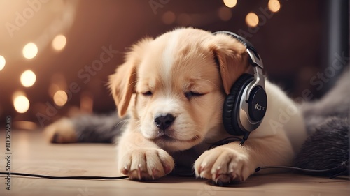Adorable puppy dozing off while enjoying music photo
