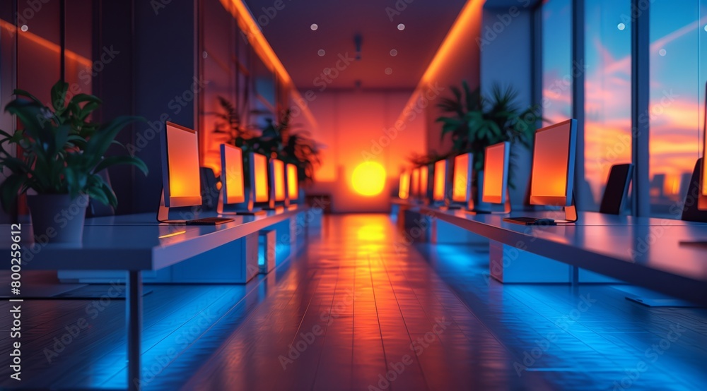 High-tech office interior with glowing computer screens and desks illuminated by soft blue light, creating an atmosphere of focused work in the evening. High-tech office interior with glowing computer screens and desks illuminated by soft blue light, creating an atmosphere of focused work in the evening.