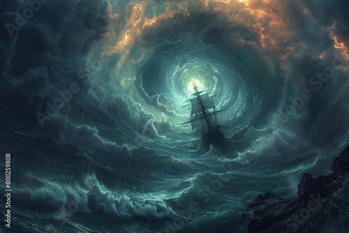 Dark clouds gather overhead, casting an ominous shadow over the ship being consumed by the powerful whirlpool