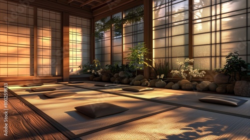 A tranquil meditation room with tatami mats and shoji screens 32k, full ultra hd, high resolution