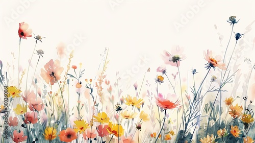 Meadow flowers in watercolor, variety of species, high saturation, closeup, natural light