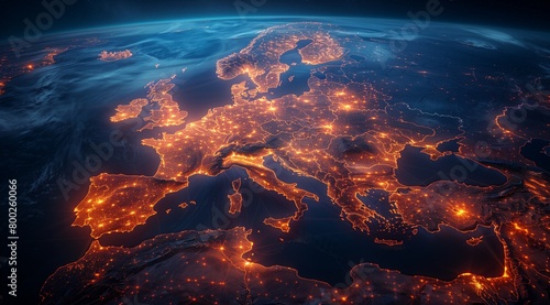 Map of europe with glowing blue lines connecting cities.