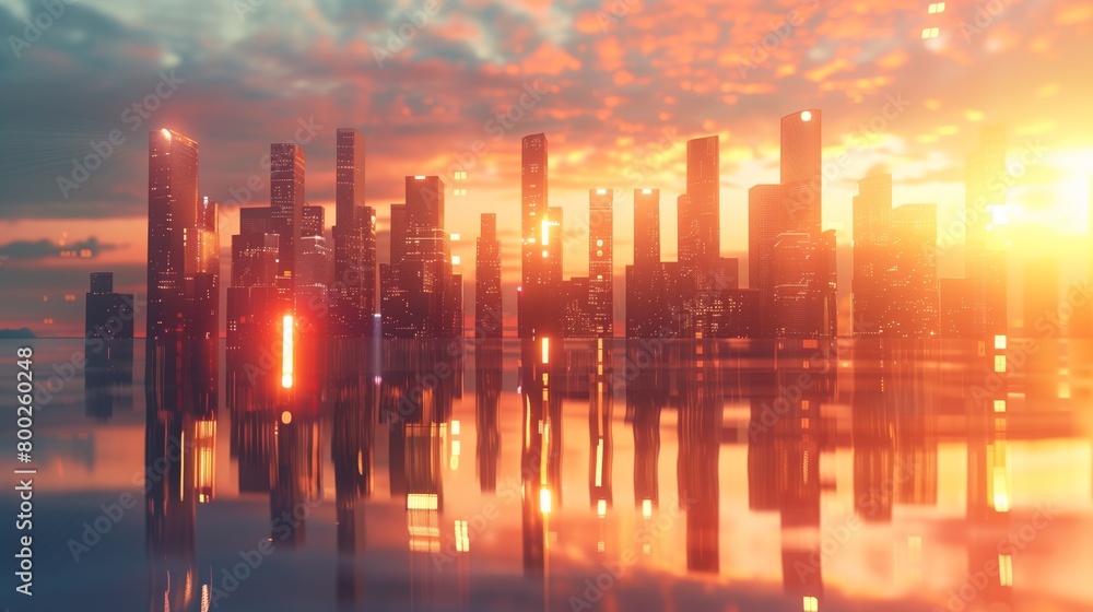 Modern city skyline with glass buildings and reflection on the water surface, sunset light in the sky, abstract background for business concept