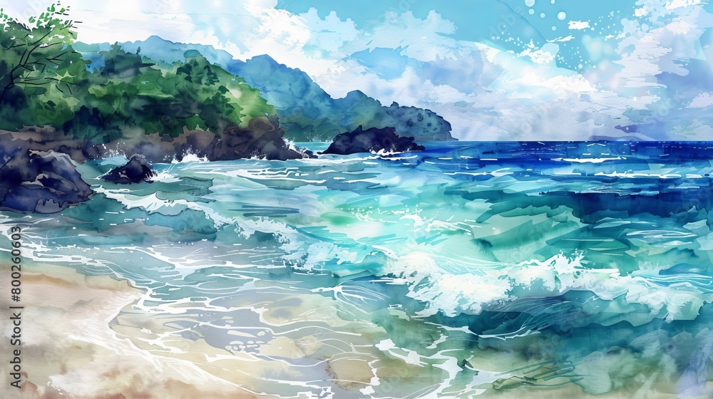 Artistic watercolor depiction of a secluded cove, the gentle motion of the ocean waves rendered in tranquil blues and greens