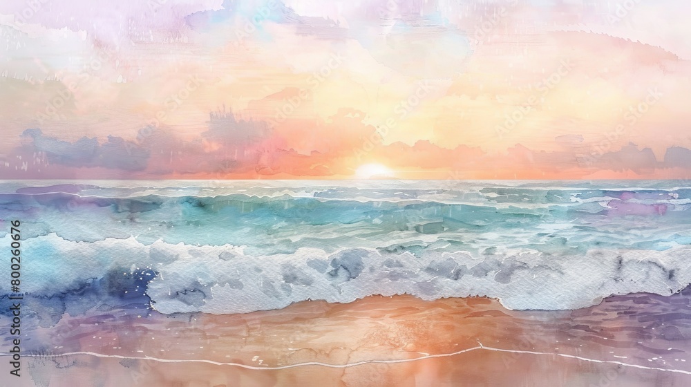 Artistic watercolor interpretation of waves gently lapping against a sandy shore under a pastel sunset, calming and picturesque