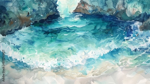 Artistic watercolor depiction of a secluded cove, the gentle motion of the ocean waves rendered in tranquil blues and greens