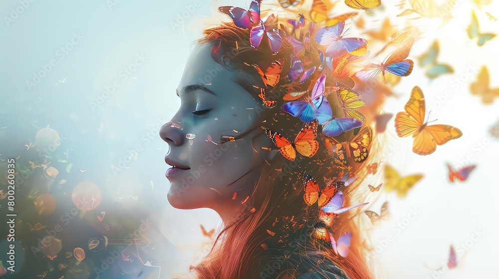 Abstract fantasy portrait of a beautiful girl combining the profile of a girl and butterflies in her hair. Double exposure prismatic butterflies.