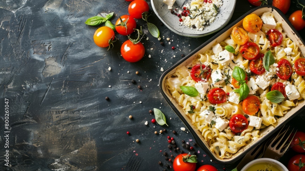 tasty pasta with tomatoes and feta cheese on the table generative ai tasty pasta with tomatoes and feta cheese on the table generative ai