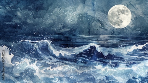 Artistic watercolor rendering of ocean waves under moonlight, the silvery light creating a serene atmosphere in a clinical setting photo