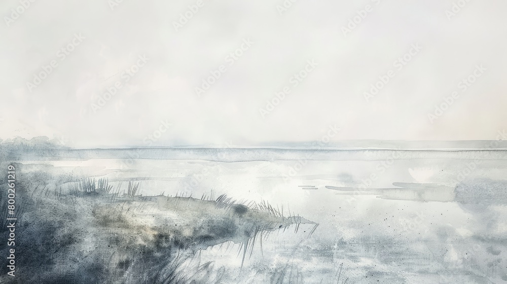 Atmospheric watercolor of a misty morning by the sea, the horizon barely visible through the fog, enhancing the feeling of calm