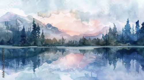 Calming watercolor depiction of a mountain lake reflecting the sky, using cool tones to promote a restful ambiance in the clinic photo