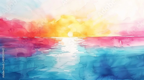 Calming watercolor illustration of a coastal sunset, the colors melting into the sea, designed to ease the mind and comfort patients photo