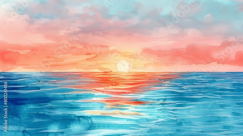 Calming watercolor illustration of a coastal sunset  the colors melting into the sea  designed to ease the mind and comfort patients