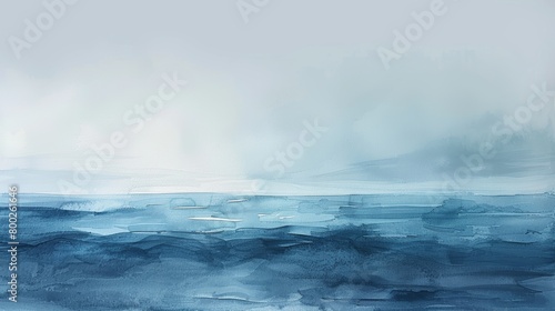 Calming watercolor of a distant horizon where the sky meets the sea, subtle shades of blue and grey evoking peace and tranquility