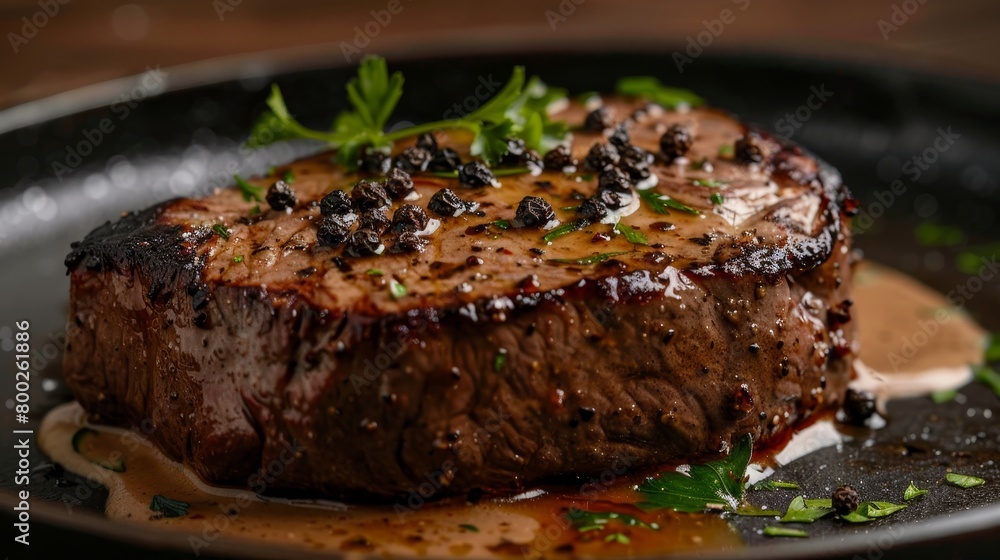 A sirloin steak, expertly seared, topped with rich peppercorn sauce, contrasting against a dark, isolated background, studio lighting