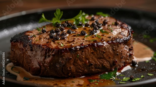 A sirloin steak  expertly seared  topped with rich peppercorn sauce  contrasting against a dark  isolated background  studio lighting
