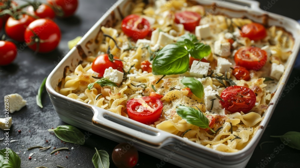 tasty pasta with tomatoes and feta cheese on the table generative ai tasty pasta with tomatoes and feta cheese on the table generative ai