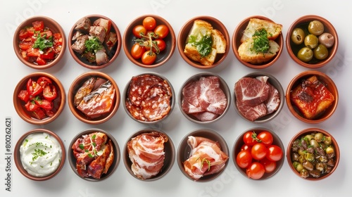A selection of Spanish tapas, top view on a clean, isolated background, studio lights casting soft shadows, emphasizing fresh ingredients