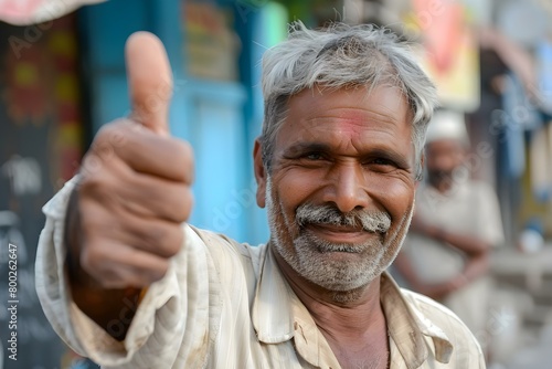 Indian man showing approval with thumbs up gesture. Concept Indian Culture, Gestures, Thumbs Up, Approval, Positivity photo