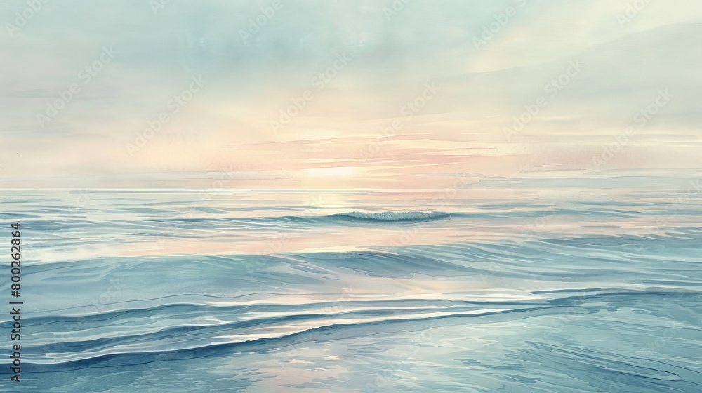 Gentle watercolor of a serene ocean view at dawn, soft pastels capturing the quiet beauty of the horizon and calming waves
