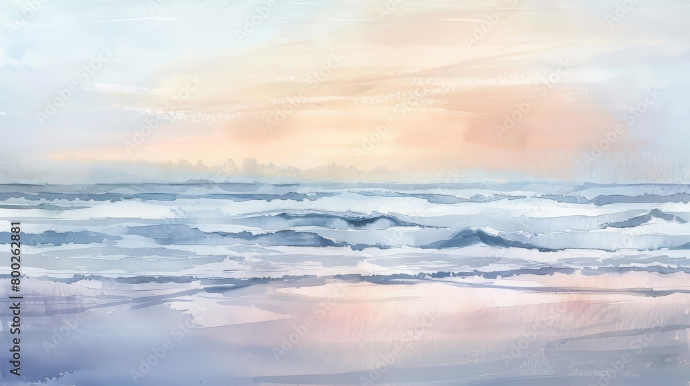Fototapeta premium Gentle watercolor of a serene ocean view at dawn, soft pastels capturing the quiet beauty of the horizon and calming waves