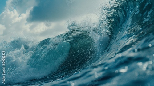 A large and powerful wave is seen rising and breaking in the middle of the vast ocean. The wave appears strong and turbulent as it moves through the water.