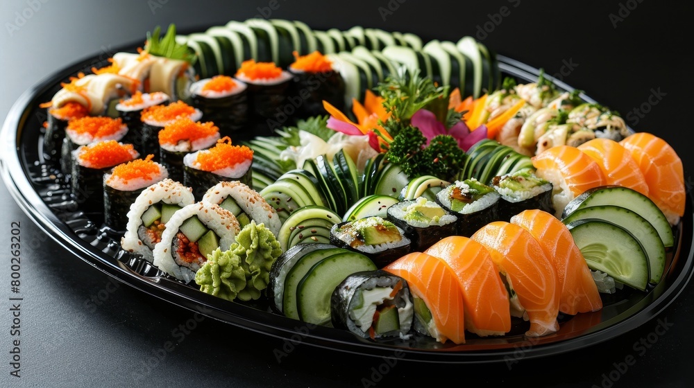 A platter of assorted vegan sushi, featuring avocado, cucumber, and carrot, elegantly arranged on a minimalist plate, studio lighting A platter of assorted vegan sushi, featuring avocado, cucumber, and carrot, elegantly arranged on a minimalist plate, studio lighting