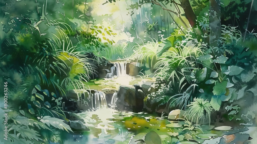 Delicate watercolor painting of a serene garden with a babbling brook, lush greenery enveloping the scene for a calming effect