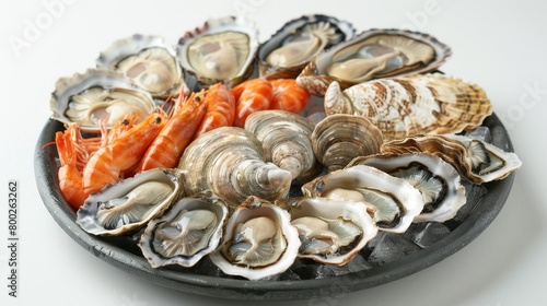 A platter of assorted shellfish, including oysters and clams, fresh and glistening, set against a minimalist background, captured in a raw, natural style