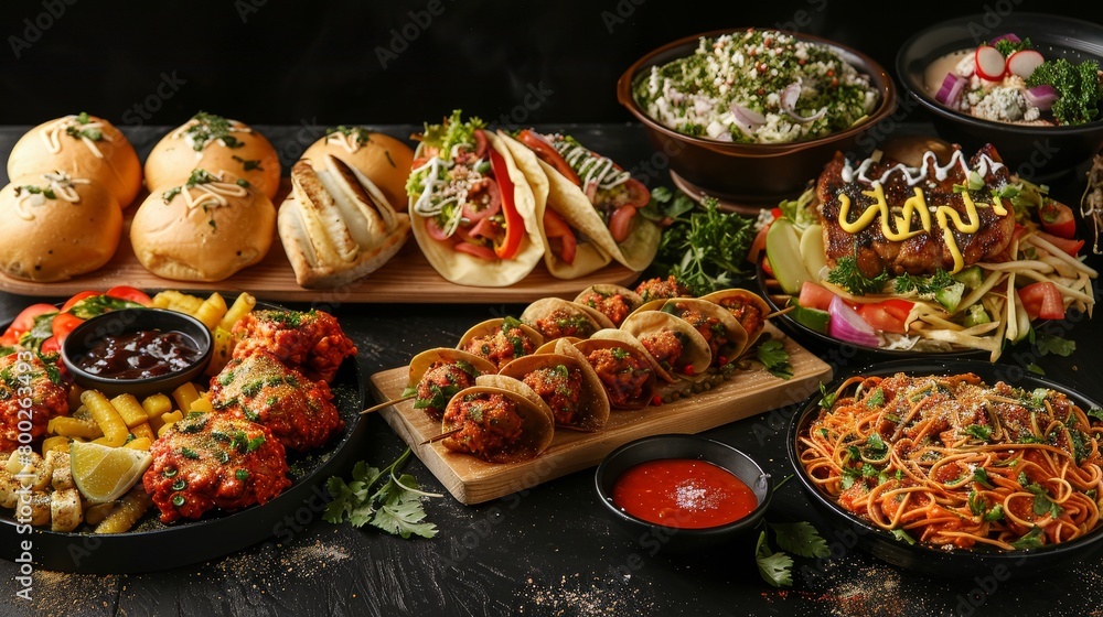 A neat display of street food favorites, each item perfectly lit to showcase textures and colors, isolated on black A neat display of street food favorites, each item perfectly lit to showcase textures and colors, isolated on black