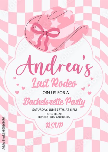 Hen Party invitation card. Last rodeo bachelorette party invitation template with pink cowgirl hat and bow. Cowgirl disco party. Wedding stationery. Coquette core cute trendy design.