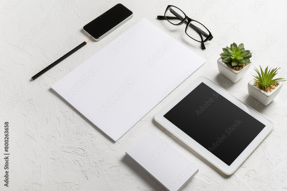 Corporate stationery set mockup at white textured paper background Corporate stationery set mockup at white textured paper background