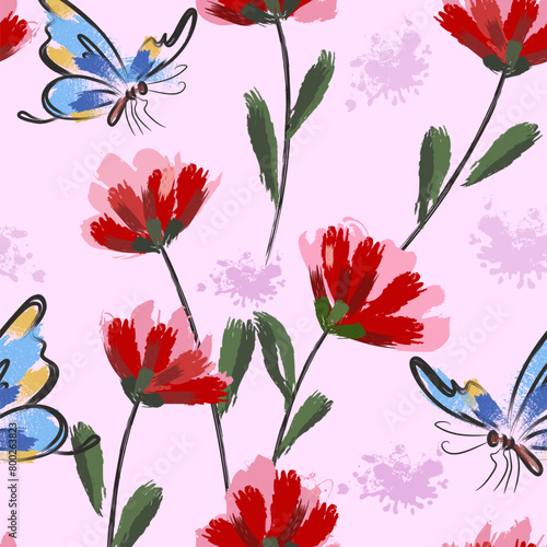 Beautiful hand paint red flowers and butterfly seamless pattern for fabric textile wallpaper gift wrap paper background.