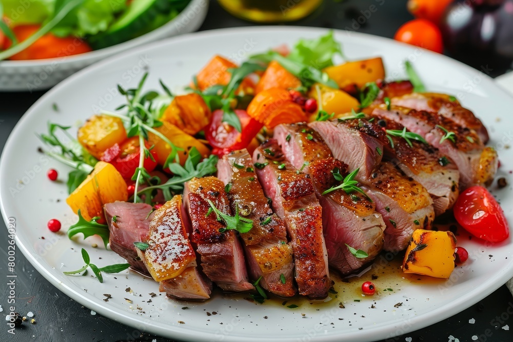 Duck breast with salad and sweet potato on plate Duck breast with salad and sweet potato on plate
