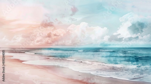 Dreamy watercolor view of the shore seen from a beachfront, with waves lapping quietly at the sand under a pastel sky