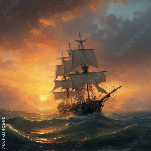 warship at sunset