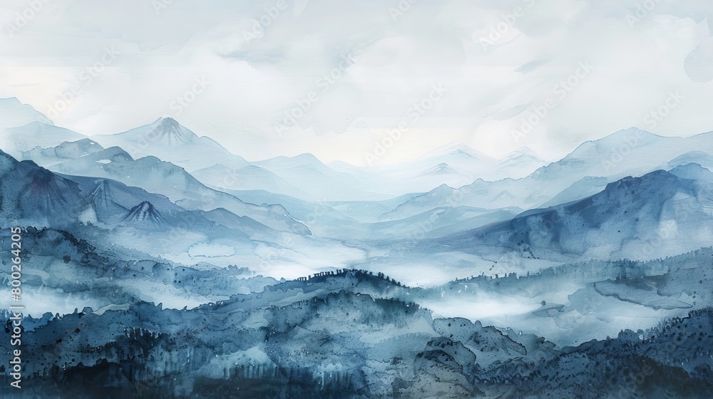 Ethereal watercolor depicting a misty valley with distant mountains, the muted colors fostering a sense of deep relaxation