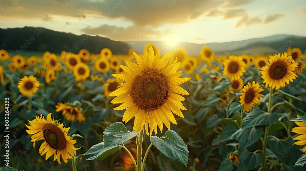 Within a sunflower field, towering blooms sway gently in the wind