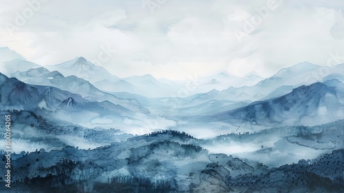 Ethereal watercolor depicting a misty valley with distant mountains, the muted colors fostering a sense of deep relaxation